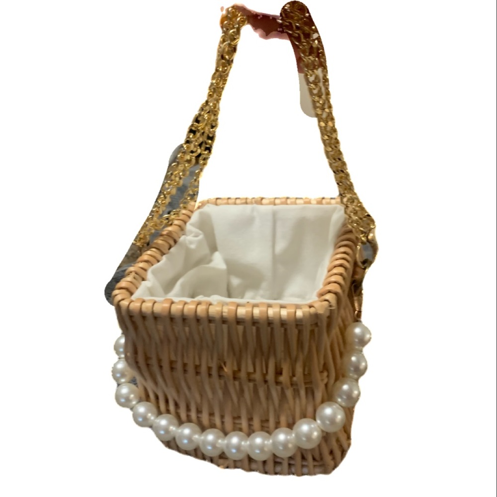 1 left! Faux Pearl Rattan Khaki Small Bucket Bag - Picture 5 of 16